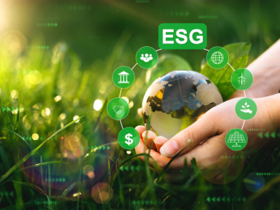 Environment social and governance in sustainable and ethical business. Hands holding crystal globe with ESG icons. Using technology of renewable resource to reduce pollution.